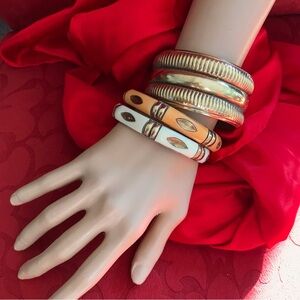Vintage Lot 3 Bracelets Hand Carved Panels White, Peach & ribbed Brass EUC india